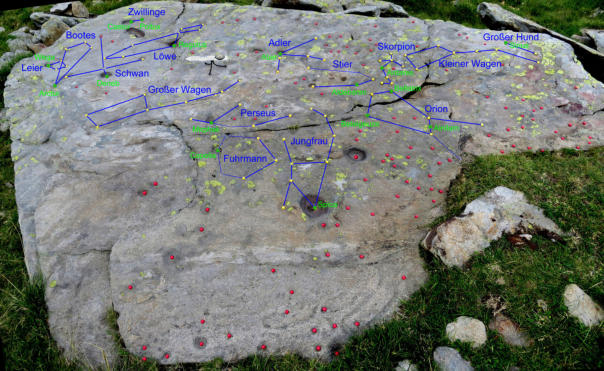 Schrägaufnahme der Sternplatte mit den Peilsternen (grün) und allen Sternbildern (blau)